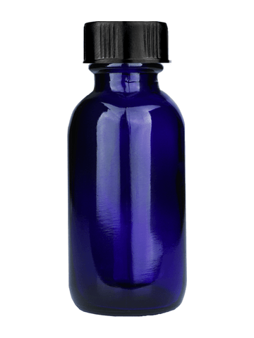 Boston round design 30ml, 1oz Cobalt blue glass bottle with short ridged black cap.