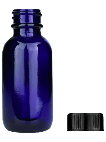 Boston round design 30ml, 1oz Cobalt blue glass bottle with short ridged black cap.