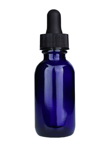 Boston round design 30ml, 1oz Cobalt blue glass bottle with black dropper.