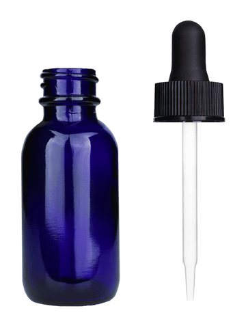 Boston round design 30ml, 1oz Cobalt blue glass bottle with black dropper.