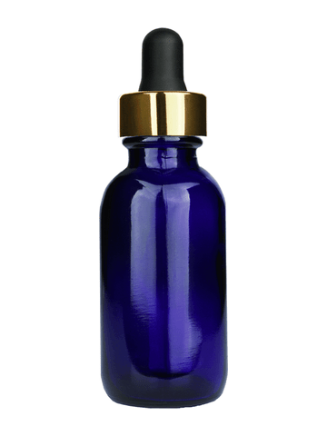 Boston round design 30ml, 1oz Cobalt blue glass bottle and black dropper with a shiny gold trim cap.