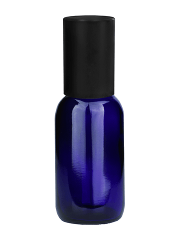 Boston round design 30ml, 1oz Cobalt blue glass bottle with metal roller plug and matte black cap.