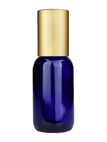 Boston round design 30ml, 1oz Cobalt blue glass bottle with metal roller plug and matte gold cap.