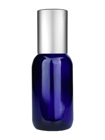 Boston round design 30ml, 1oz Cobalt blue glass bottle with metal roller plug and matte silver cap.