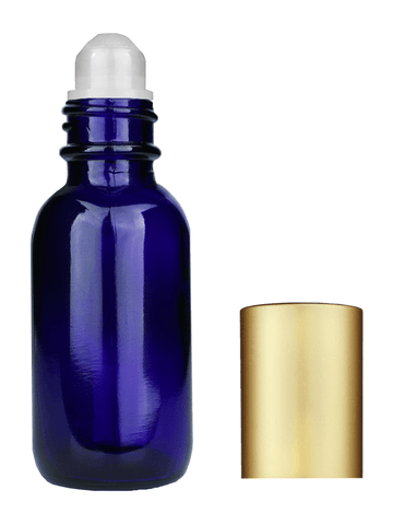 Boston round design 30ml, 1oz Cobalt blue glass bottle with plastic roller ball plug and matte gold cap.