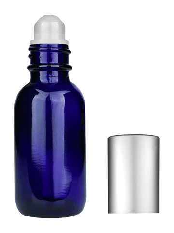 Boston round design 30ml, 1oz Cobalt blue glass bottle with plastic roller ball plug and matte silver cap.