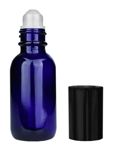 Cylinder design 30ml,1 oz Blue glass bottle with plastic roller ball plug and shiny black cap.