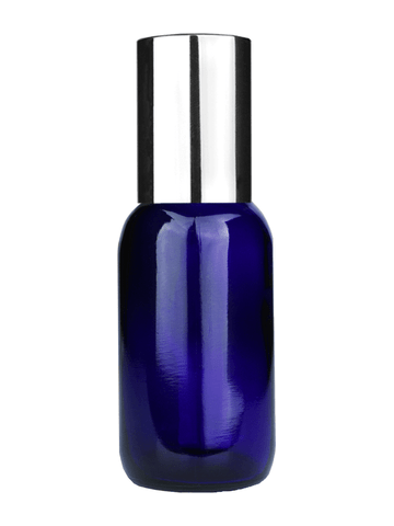 Boston round design 30ml, 1oz Cobalt blue glass bottle with plastic roller ball plug and shiny silver cap.