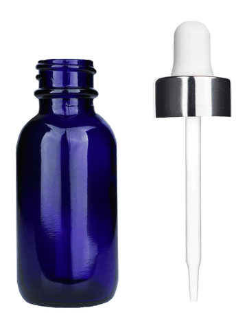 Boston round design 30ml, 1oz Cobalt blue glass bottle and white dropper with a shiny silver trim cap.