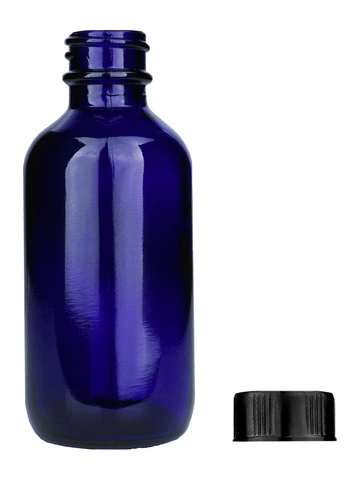 Boston round design 60ml, 2oz Cobalt blue glass bottle with short ridged black cap.