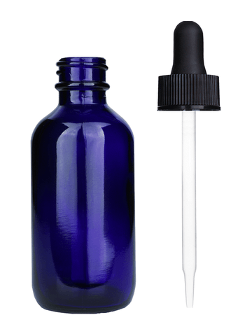 Boston round design 2 ounce cobalt blue glass bottle with black dropper,