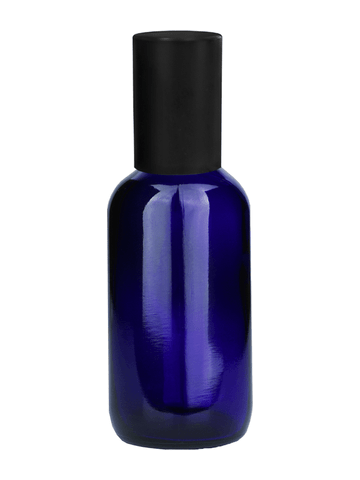 Boston round design 60ml, 2oz Cobalt blue glass bottle with metal roller ball plug and matte black cap.