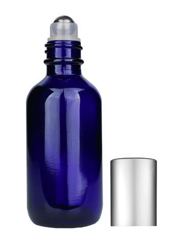 Boston round design 60ml, 2oz Cobalt blue glass bottle with metal roller ball plug and matte silver cap.