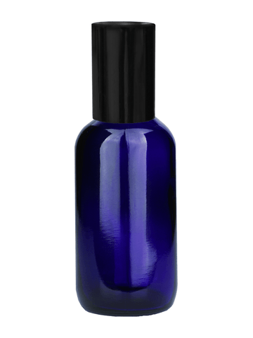 Boston round design 60ml, 2oz Cobalt blue glass bottle with metal roller ball plug and shiny black cap.