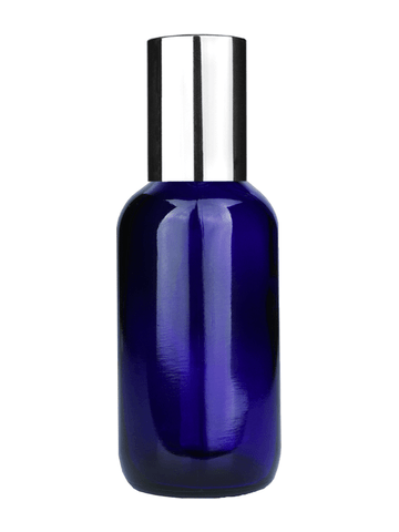 Boston round design 60ml, 2oz Cobalt blue glass bottle with metal roller ball plug and shiny silver cap.