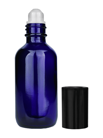 Cylinder design 60ml,2 oz blue glass bottle with plastic roller ball plug and black cap.