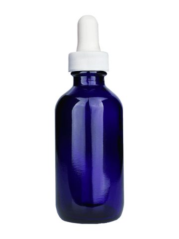 Boston round design 60ml, 2oz Cobalt blue glass bottle with white dropper.