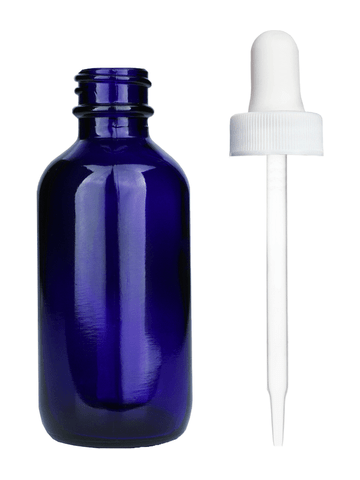 Boston round design 60ml, 2oz Cobalt blue glass bottle with white dropper.