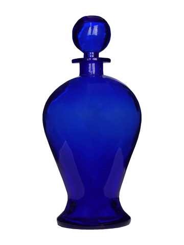 Pear shaped blue bottle with glass stopper. Capacity : 12oz (336ml)