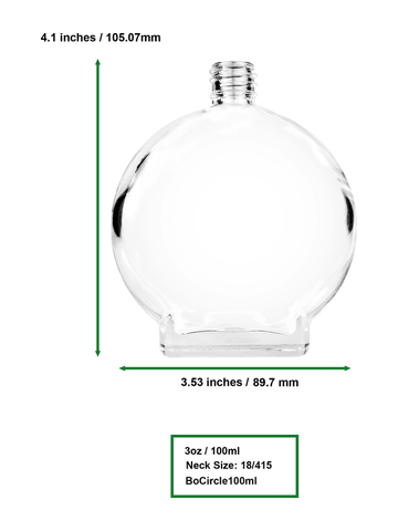 Circle design 100 ml, 3 1/2oz  clear glass bottle  with ivory vintage style bulb sprayer with shiny silver collar cap.