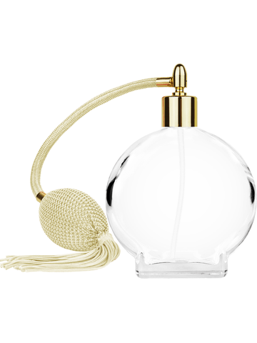 Circle design 100 ml, 3 1/2oz  clear glass bottle  with Ivory vintage style bulb sprayer with tassel and shiny gold collar cap.