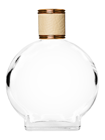 Circle design 100 ml, 3 1/2oz  clear glass bottle  with reducer and ivory faux leather cap.