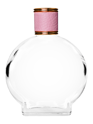 Circle design 100 ml, 3 1/2oz  clear glass bottle  with reducer and pink faux leather cap.