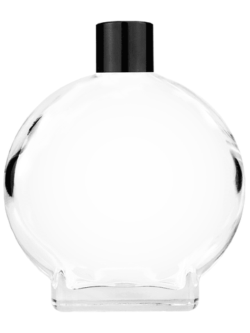 Circle design 100 ml, 3 1/2oz  clear glass bottle  with reducer and black shiny cap.