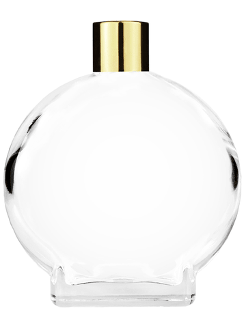 Circle design 100 ml, 3 1/2oz  clear glass bottle  with reducer and shiny gold cap.