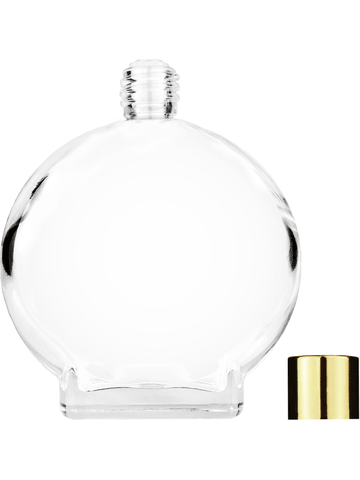 Circle design 100 ml, 3 1/2oz  clear glass bottle  with reducer and shiny gold cap.