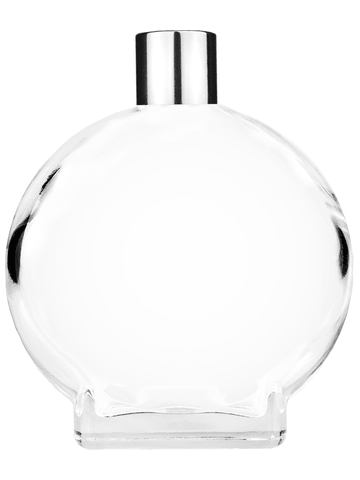 Circle design 100 ml, 3 1/2oz  clear glass bottle  with reducer and shiny silver cap.