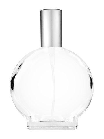 Circle design 100 ml, 3 1/2oz  clear glass bottle  with matte silver spray pump.