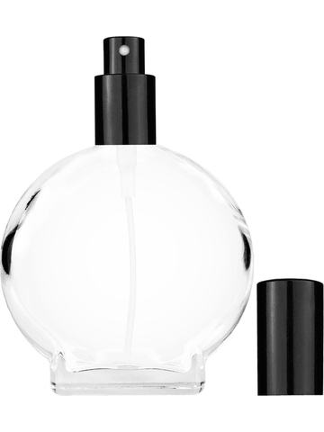 Circle design 100 ml, 3 1/2oz  clear glass bottle  with shiny black spray pump.