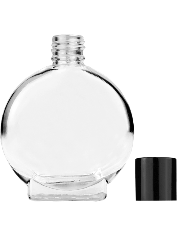 Empty Clear glass bottle with short shiny black cap capacity: 15ml, 1/2oz. For use with perfume or fragrance oil, essential oils, aromatic oils and aromatherapy.