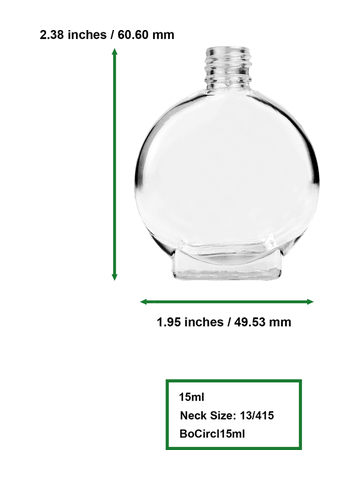 Circle design 15ml, 1/2oz Clear glass bottle with short ridged black cap.