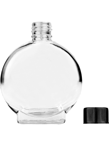 Circle design 15ml, 1/2oz Clear glass bottle with short ridged black cap.