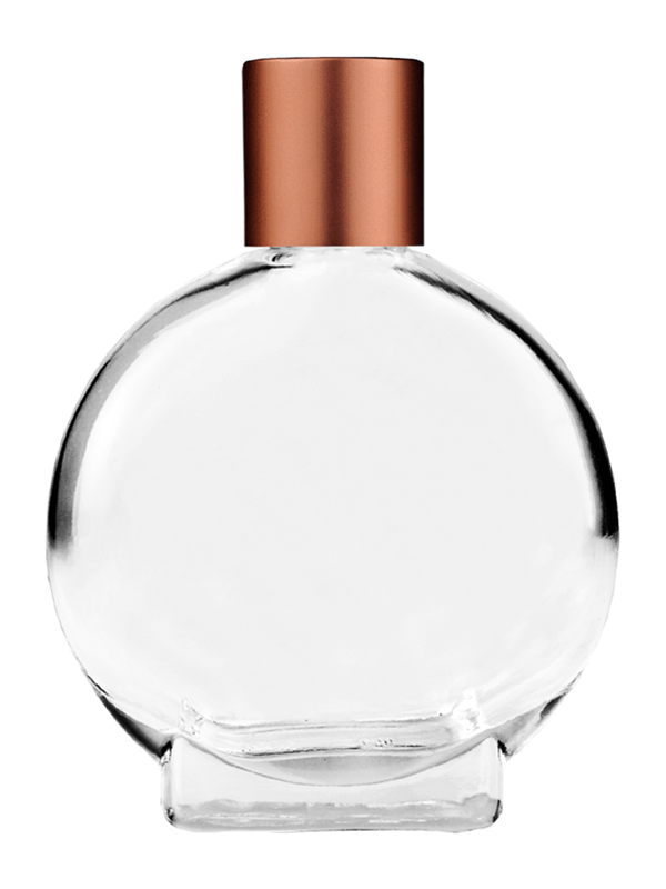 Empty Clear glass bottle with short matte copper cap capacity: 15ml, 1/2oz. For use with perfume or fragrance oil, essential oils, aromatic oils and aromatherapy.