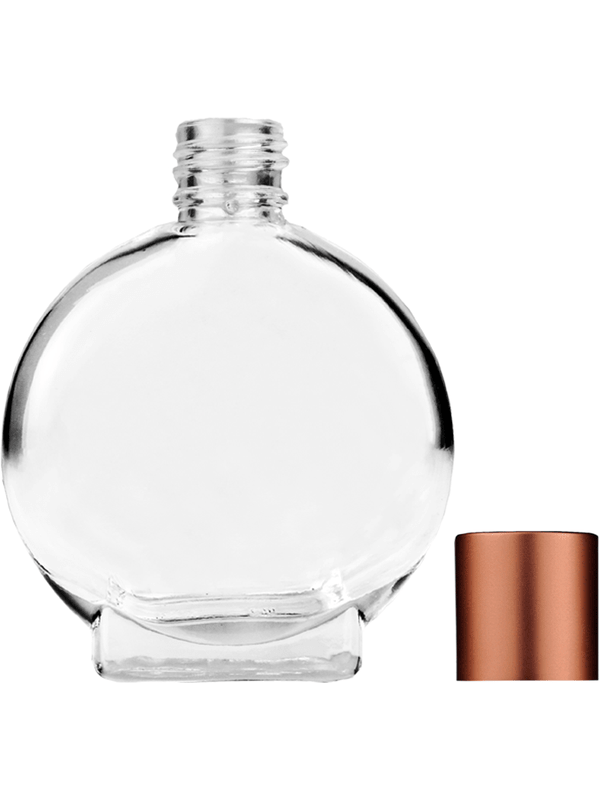 Empty Clear glass bottle with short matte copper cap capacity: 15ml, 1/2oz. For use with perfume or fragrance oil, essential oils, aromatic oils and aromatherapy.