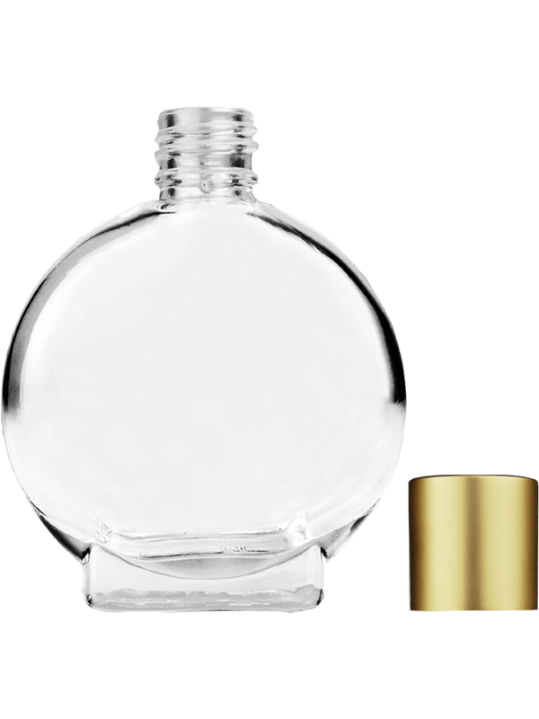 Empty Clear glass bottle with short matte gold cap capacity: 15ml, 1/2oz. For use with perfume or fragrance oil, essential oils, aromatic oils and aromatherapy.