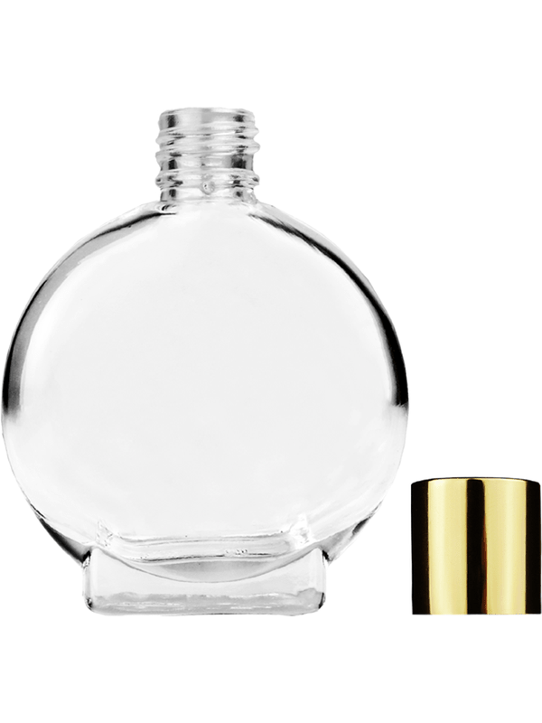 Empty Clear glass bottle with short shiny gold cap capacity: 15ml, 1/2oz. For use with perfume or fragrance oil, essential oils, aromatic oils and aromatherapy.