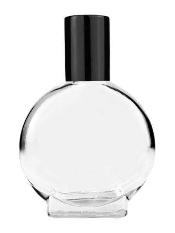 Circle design 15ml, 1/2oz Clear glass bottle with metal roller ball plug and black shiny cap.