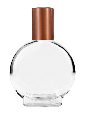 Circle design 15ml, 1/2oz Clear glass bottle with metal roller ball plug and matte copper cap.