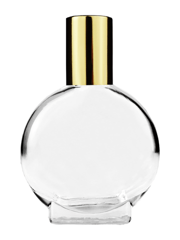 Circle design 15ml, 1/2oz Clear glass bottle with metal roller ball plug and shiny gold cap.