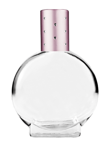 Circle design 15ml, 1/2oz Clear glass bottle with metal roller ball plug and pink cap with dots.