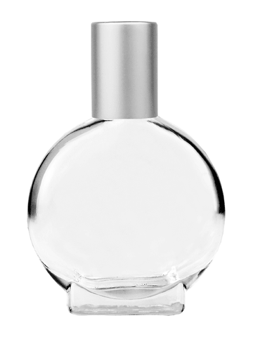 Circle design 15ml, 1/2oz Clear glass bottle with metal roller ball plug and matte silver cap.