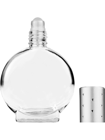 Circle design 15ml, 1/2oz Clear glass bottle with plastic roller ball plug and silver cap with dots.