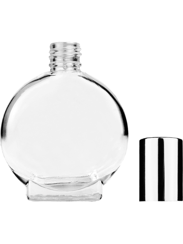 Circle design 15ml, 1/2oz Clear glass bottle with shiny silver cap.