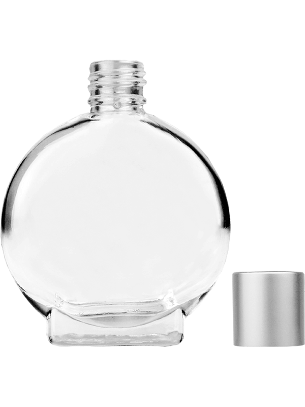 Empty Clear glass bottle with short matte silver cap capacity: 15ml, 1/2oz. For use with perfume or fragrance oil, essential oils, aromatic oils and aromatherapy.