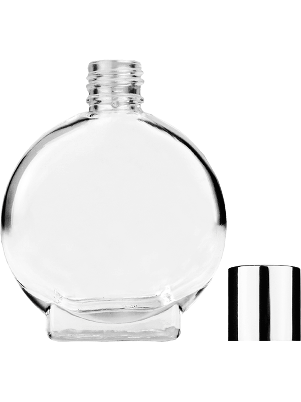 Empty Clear glass bottle with short shiny silver cap capacity: 15ml, 1/2oz. For use with perfume or fragrance oil, essential oils, aromatic oils and aromatherapy.