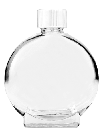 Circle design 15ml, 1/2oz Clear glass bottle with short white cap.